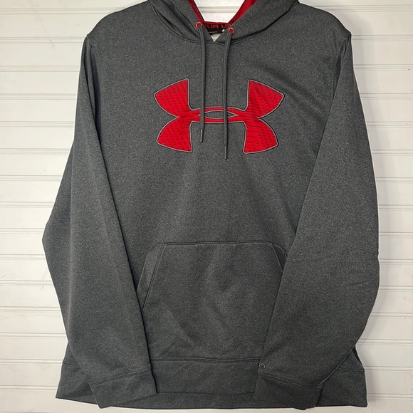 Mens UA Under Armour hooded Sweatshirt grey red EUC LARGE - Picture 1 of 5